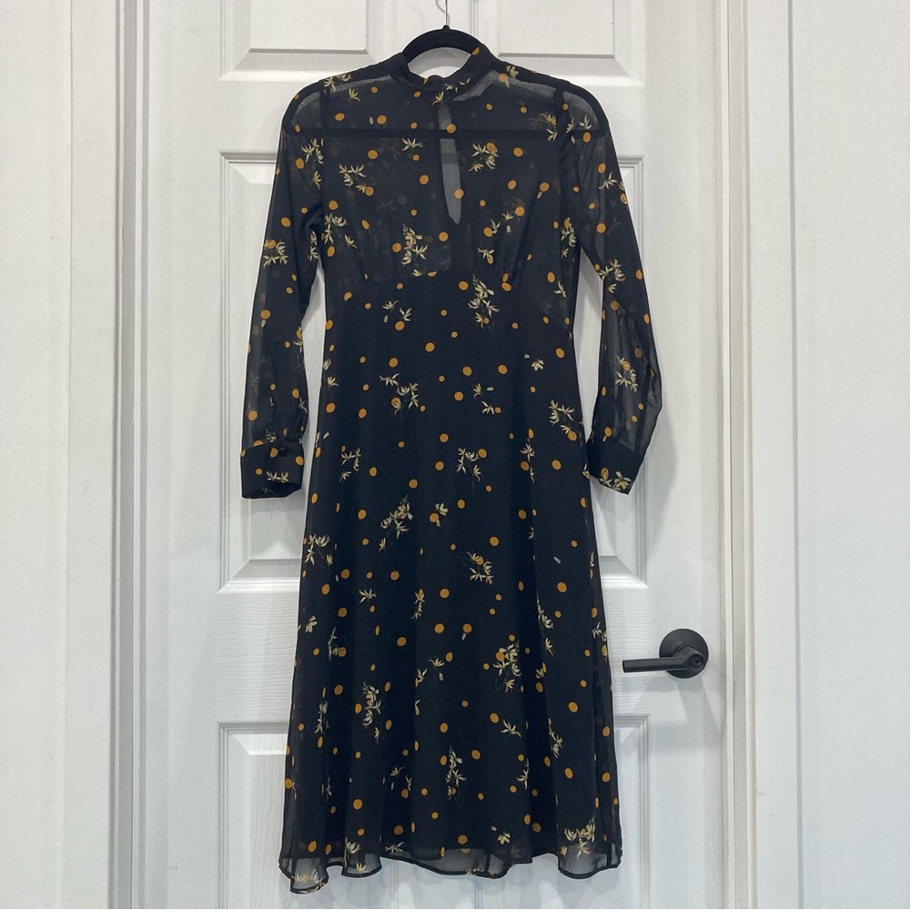 ZARA Sheer Top Black Floral Orange Gold Polka Dot Midi Dress S